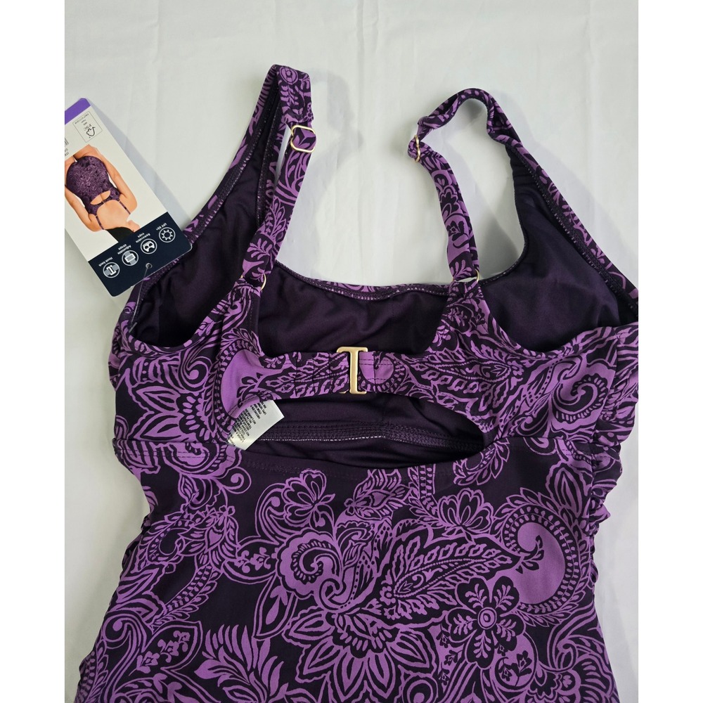 LandsEnd Purple Paisley One Piece Swimsuit UPF50 Ruched Hook Back XS 1956311 NWT - Picture 11 of 16